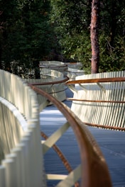 A row of white benches sitting next to a forest