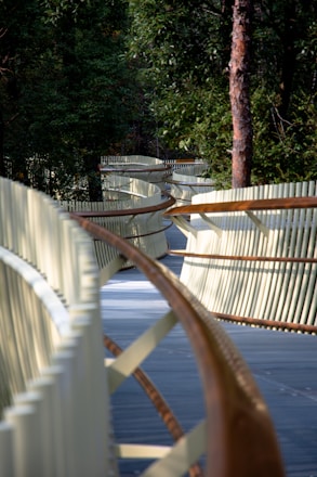 A row of white benches sitting next to a forest