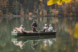 A group of people in a boat on a lake