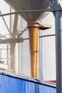 A grain dispenser in front of a building