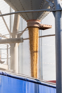 A grain dispenser in front of a building