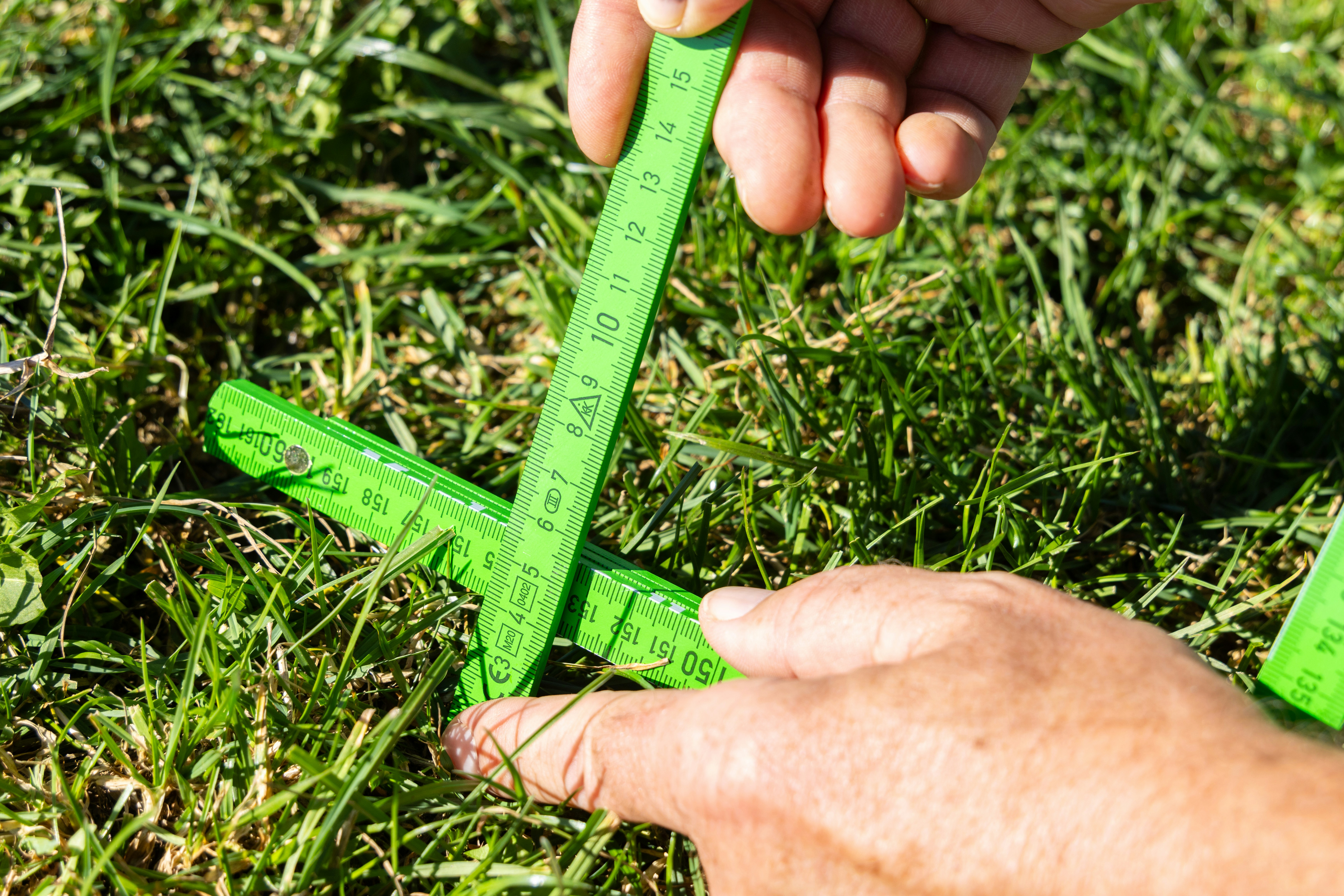 A person is holding a pair of scissors in the grass