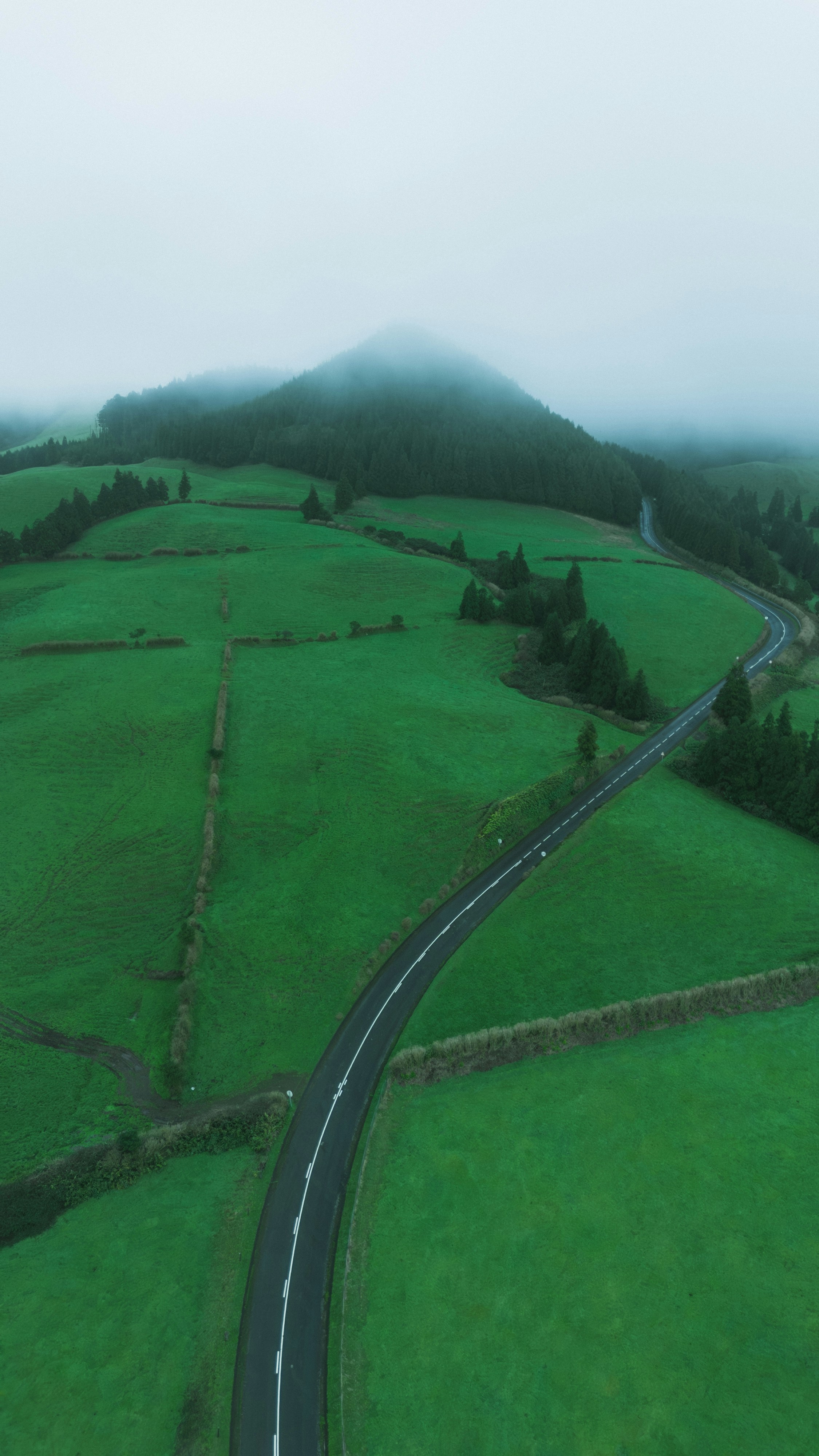 An aerial view of a road winding through a green field