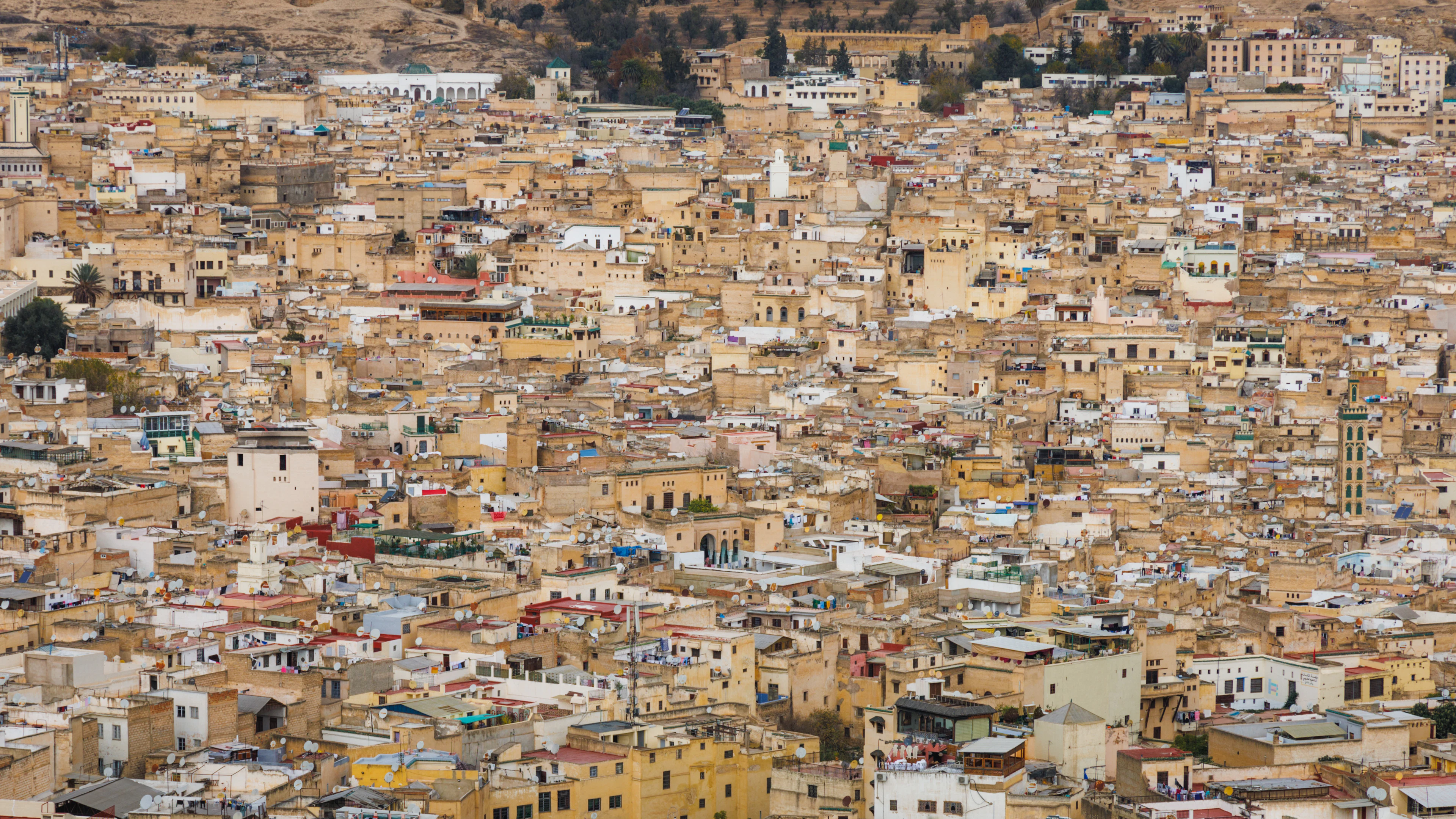 An aerial view over the densely packed buildings of the Fez medina, the city's car-free old town