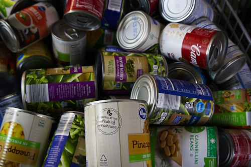 A pile of canned food