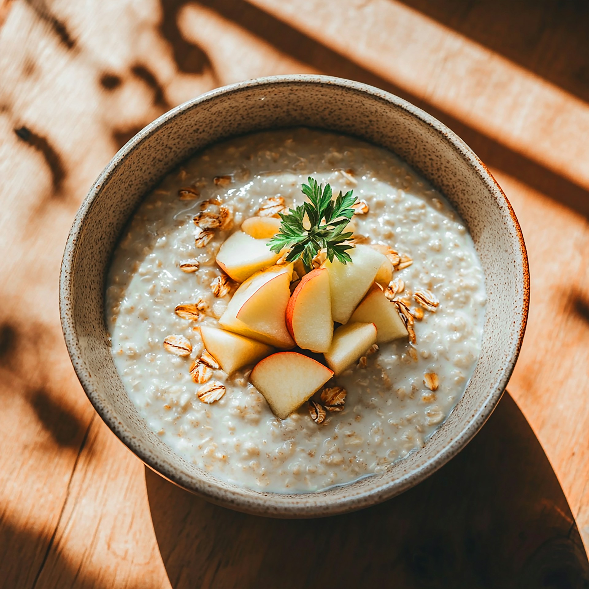 A bowl of oatmeal topped with apples and nuts