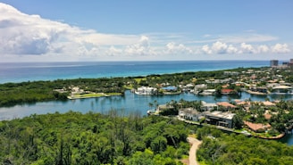 A bird's eye view of a city and a body of water
