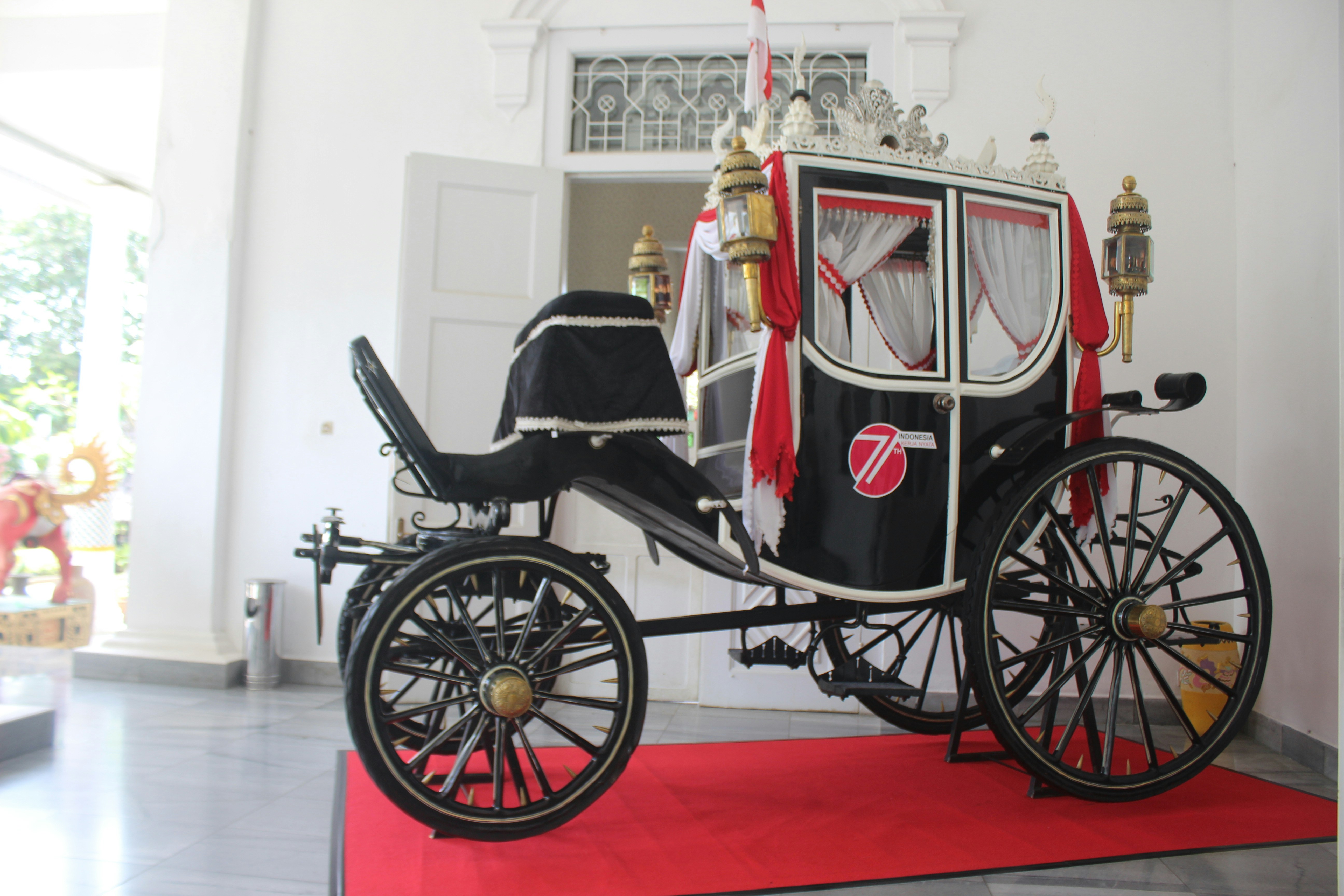 A horse drawn carriage sitting on a red carpet