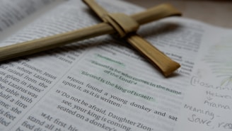 A wooden cross laying on top of an open bible