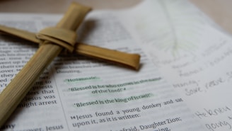 A wooden cross sitting on top of a book