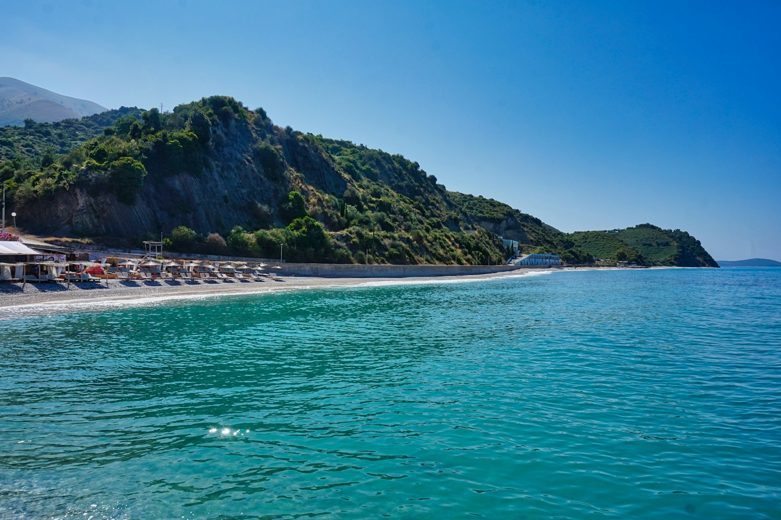 Albanian Riviera beach with mountains behind
