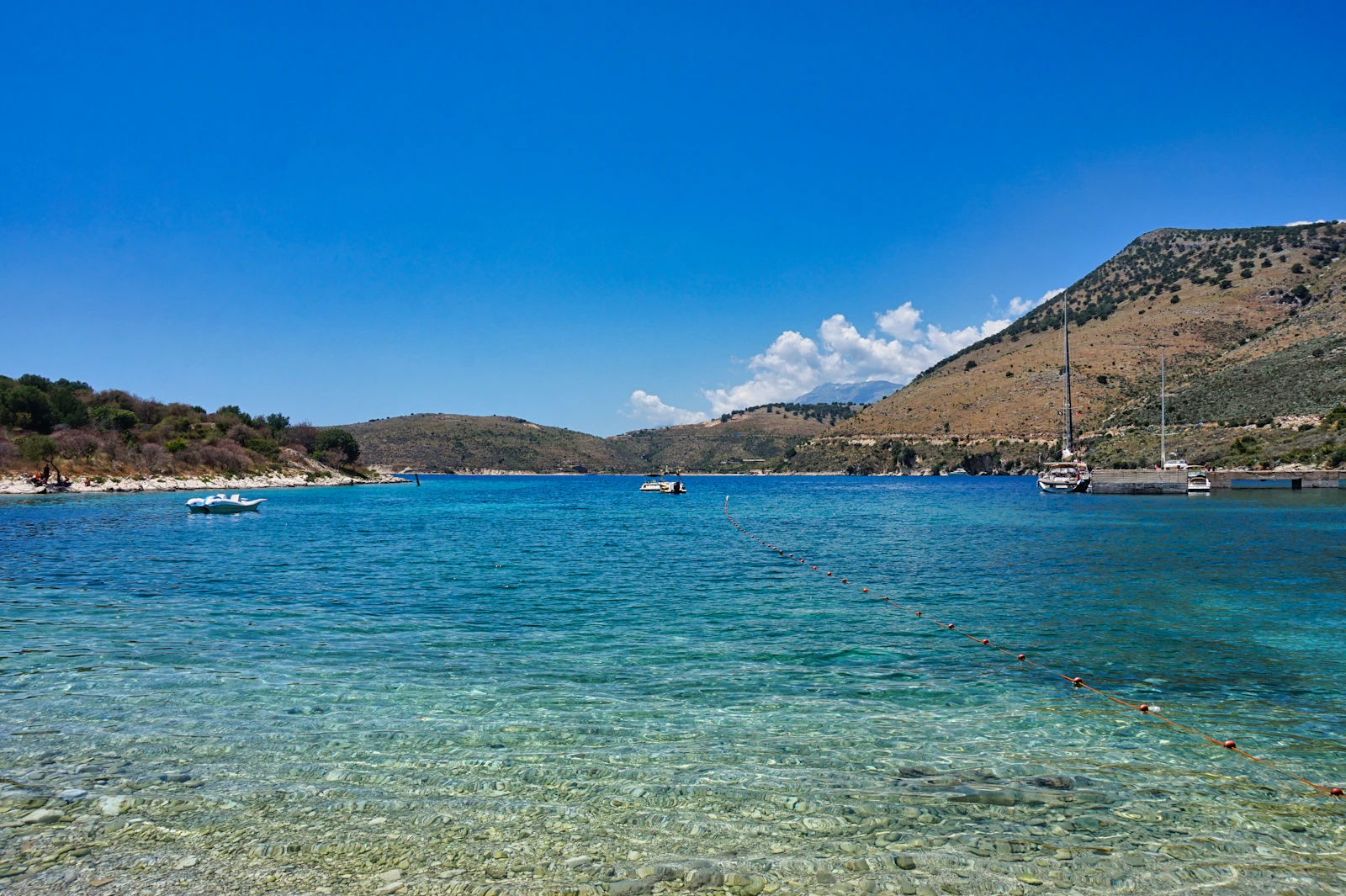 The bay at Sarandë, boats on flat blue water with the hills behind