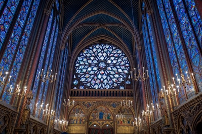 A cathedral with a large stained glass window