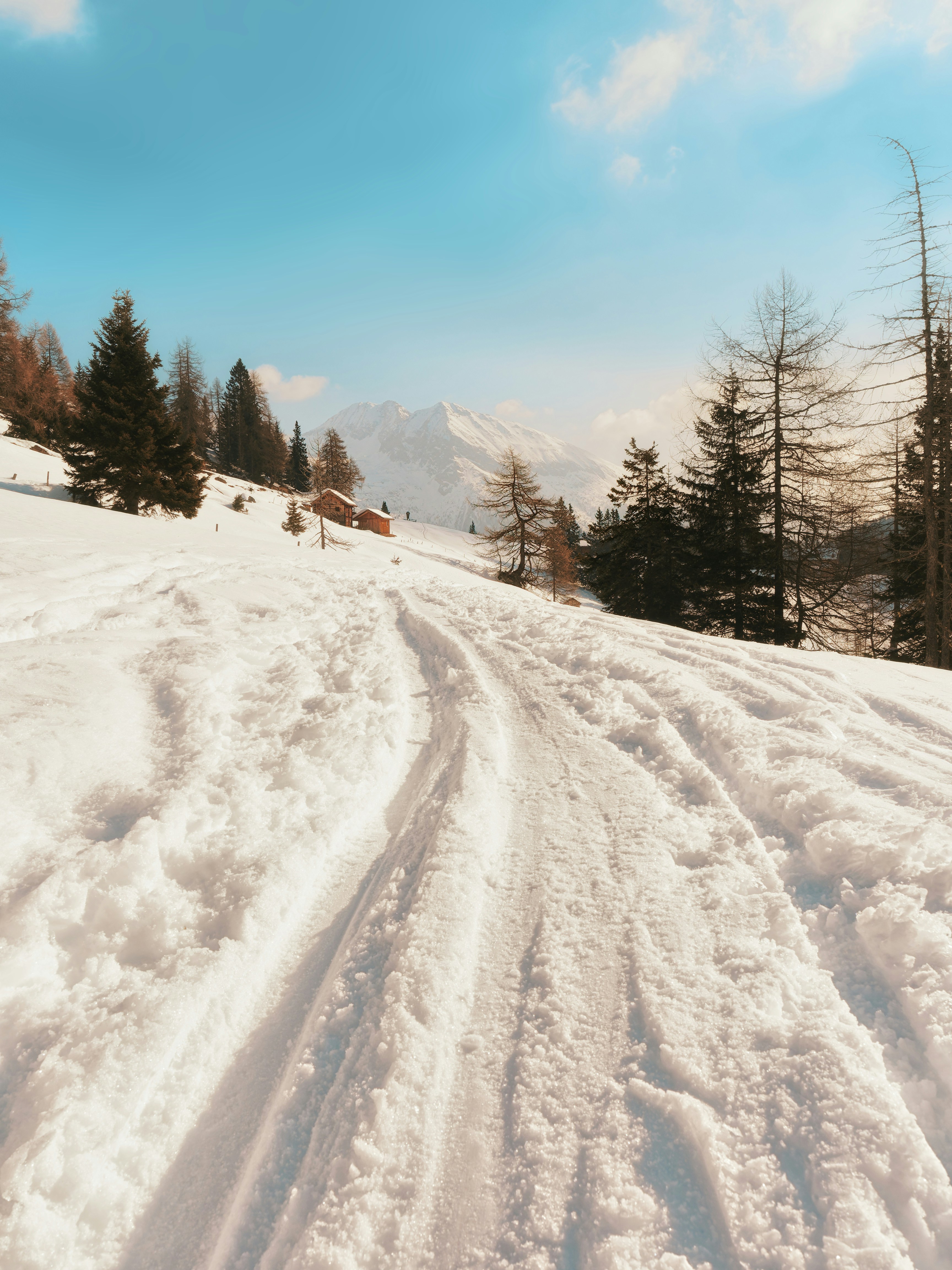 A person riding skis down a snow covered slope