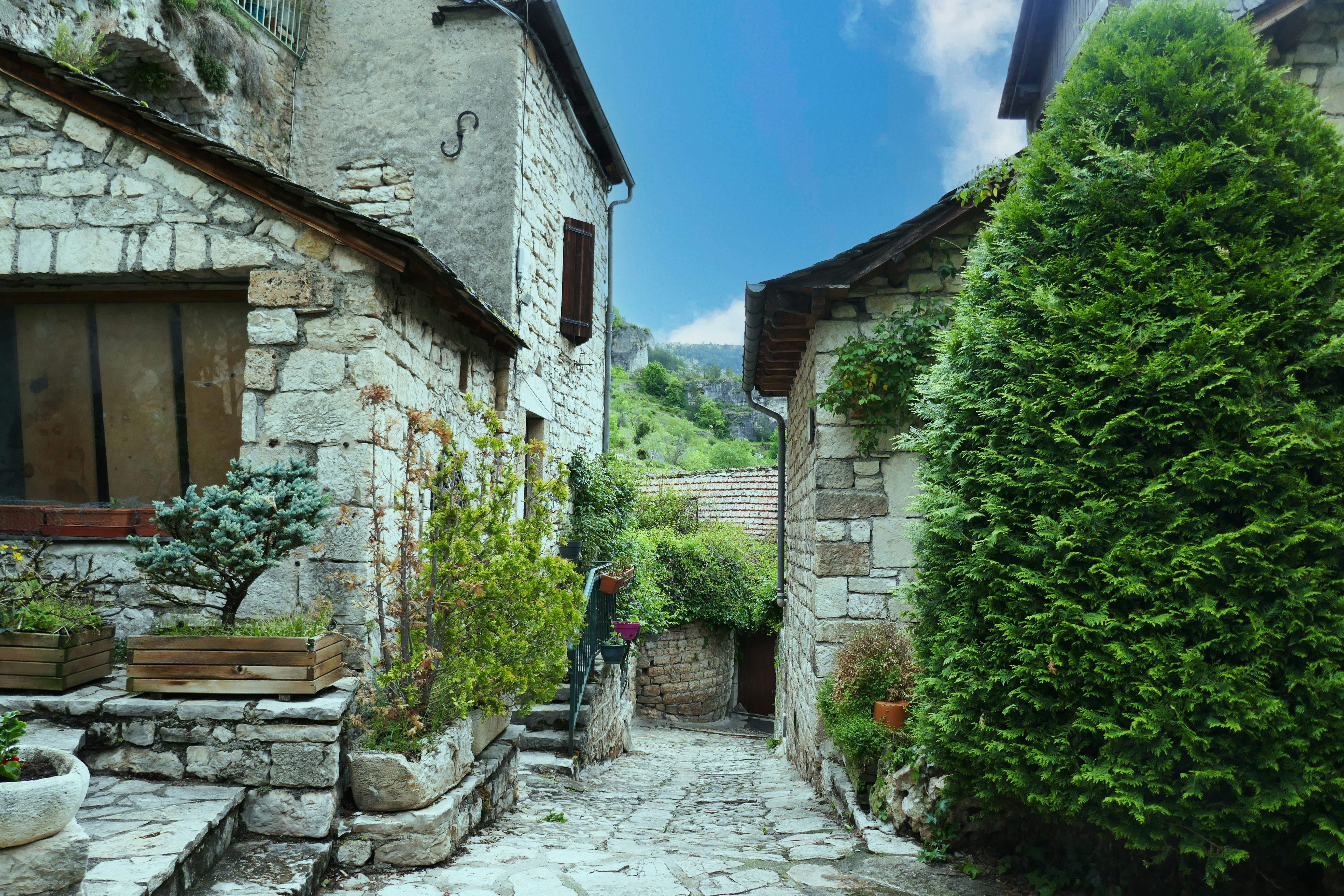 A cobblestone street in a small village
