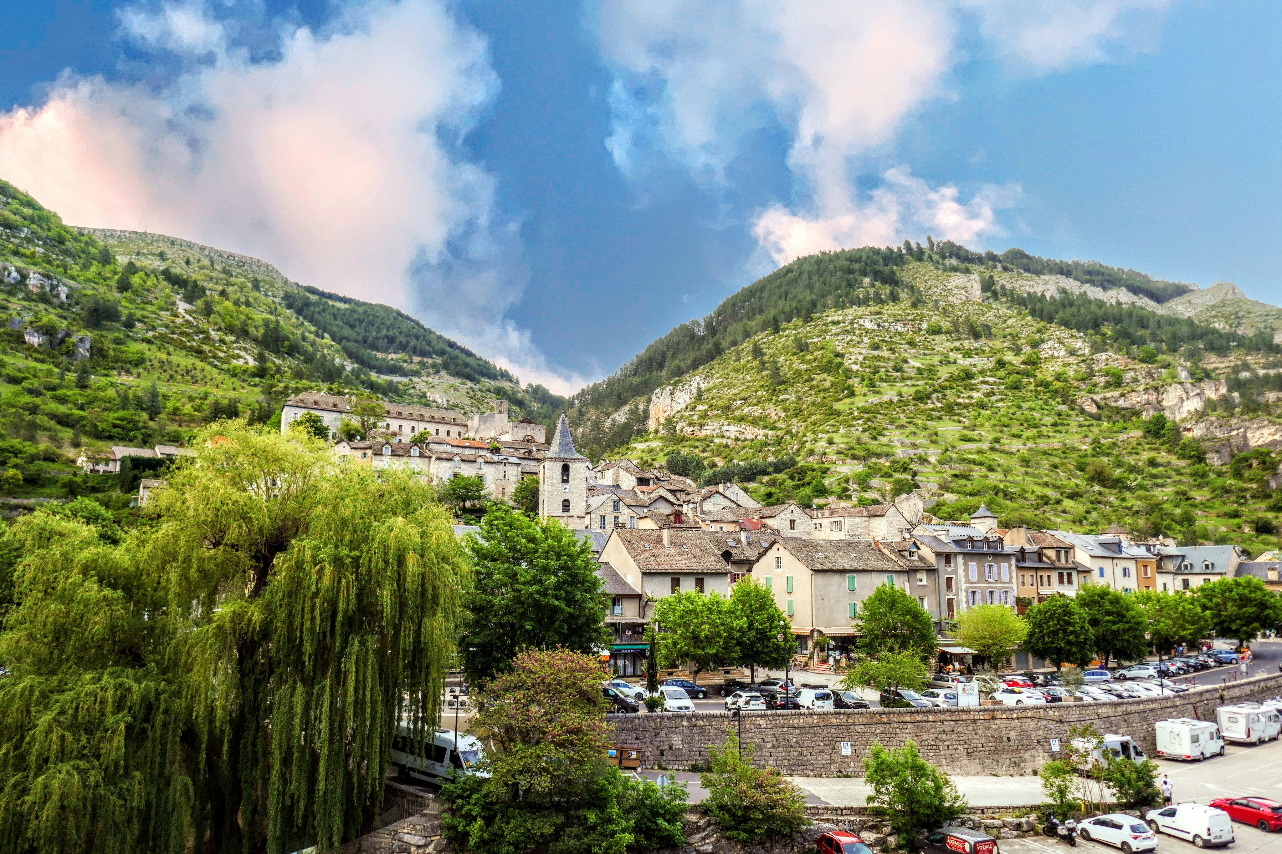 A scenic view of a town with a mountain in the background