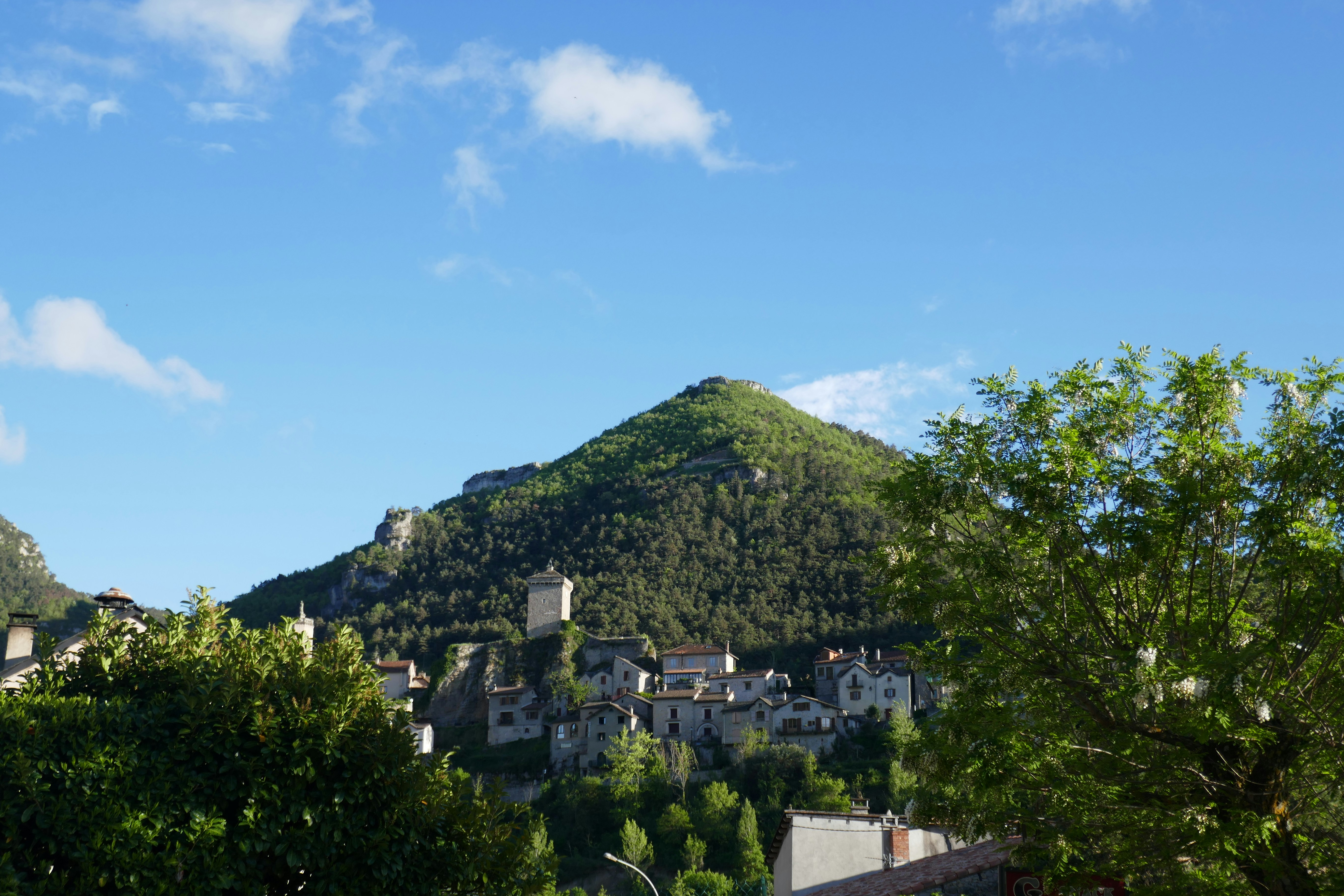 A view of a city with a mountain in the background