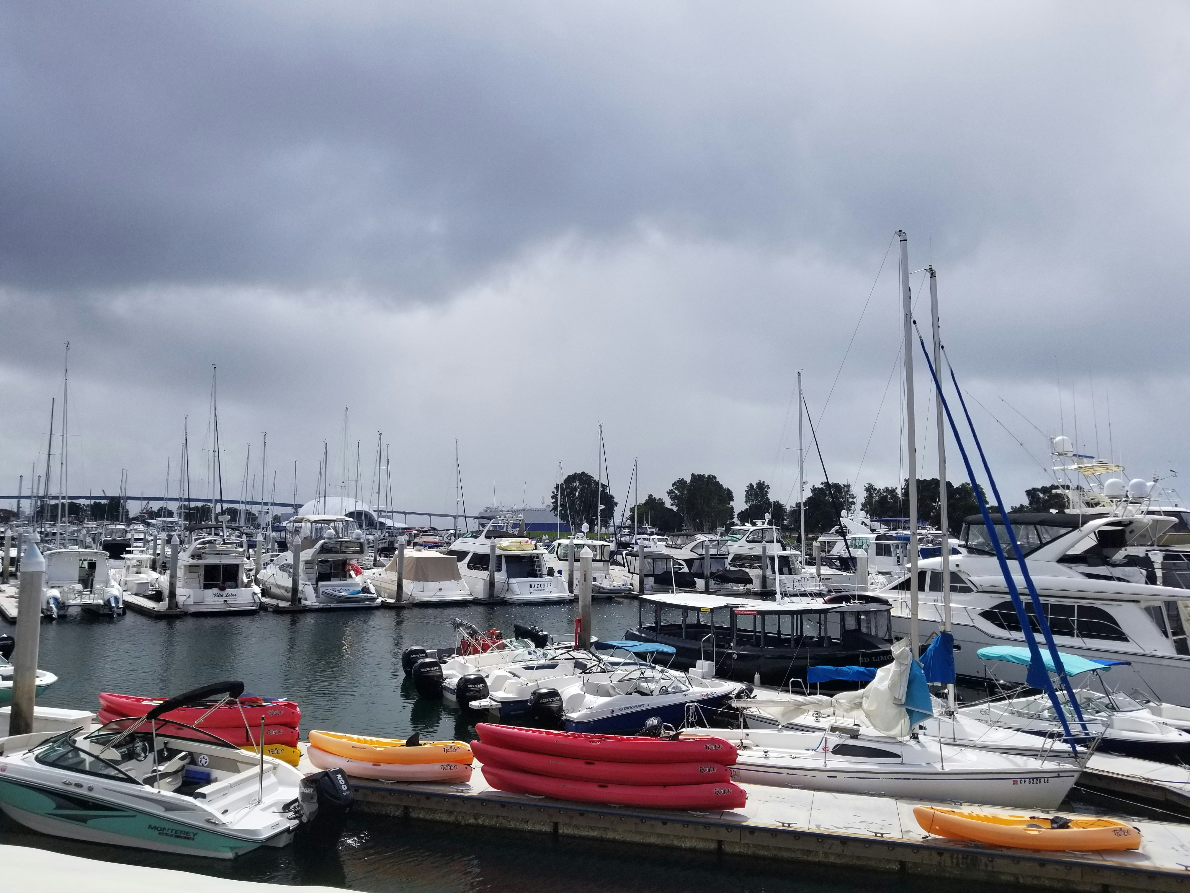 Un port de plaisance rempli de nombreux bateaux sous un ciel nuageux