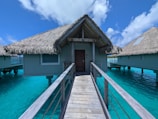 A dock leading to a house with a thatched roof