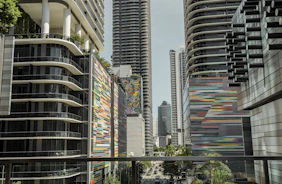 A view of a city with tall buildings