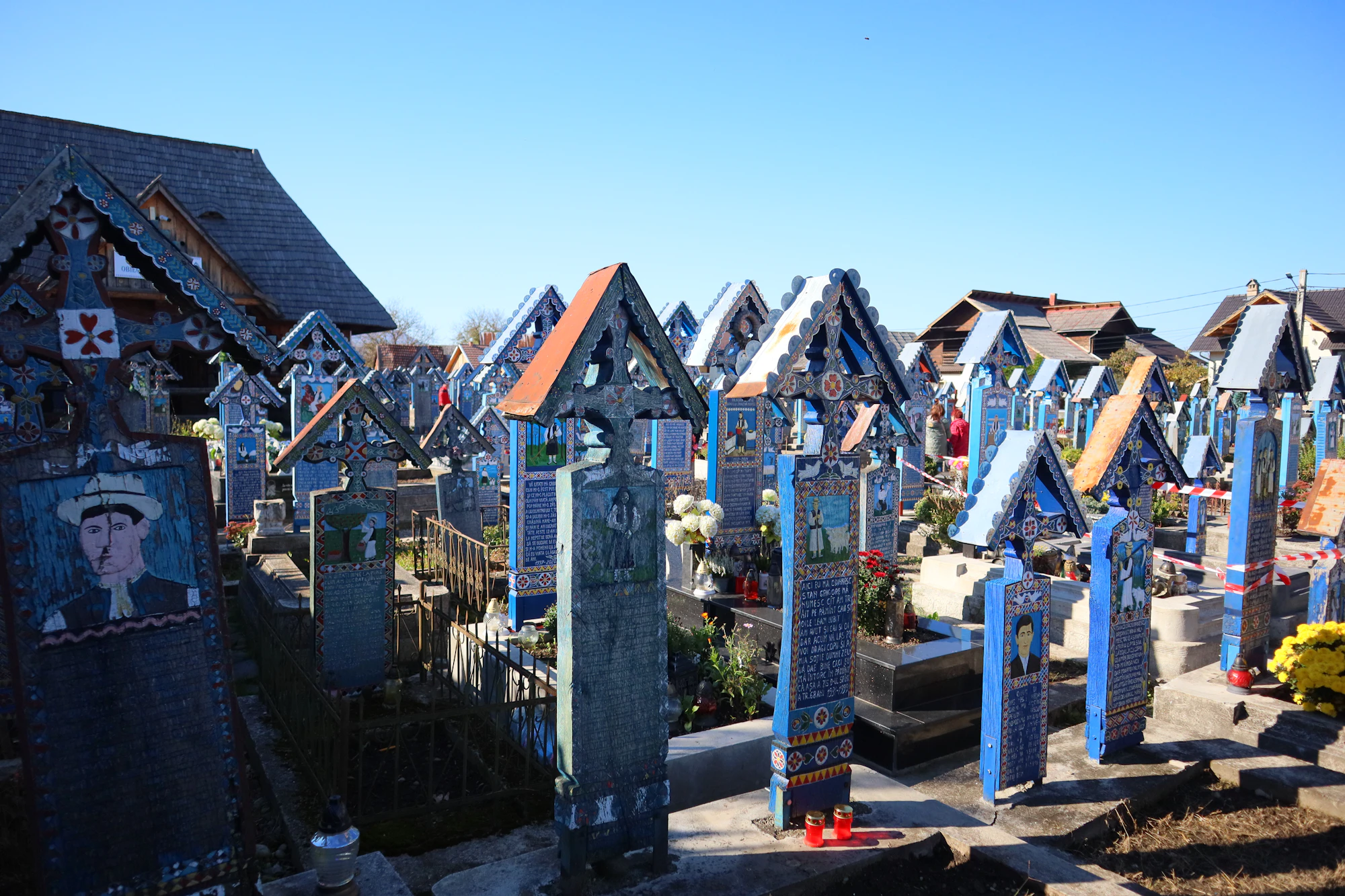 Painted blue wooden crosses of the Merry Cemetery, Săpânța