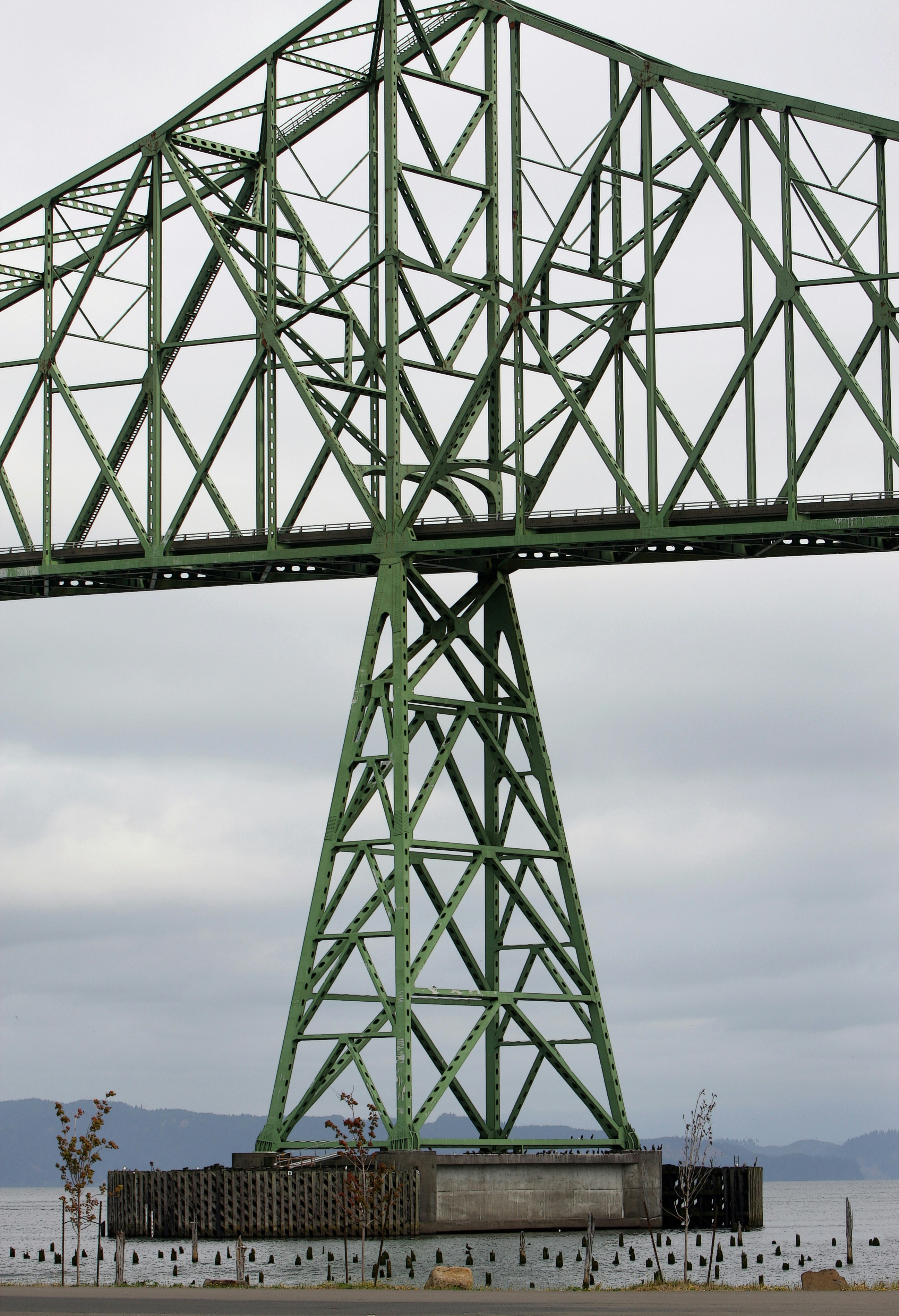A large green bridge spanning over a body of water