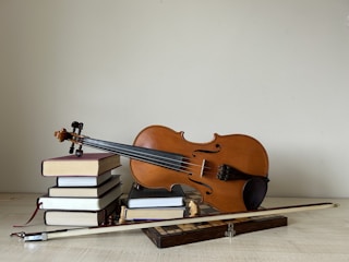 A violin sitting on top of a pile of books