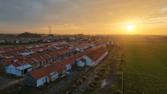 An aerial view of a farm with a sunset in the background