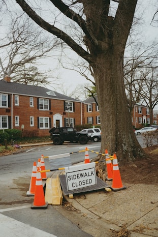 A sidewalk closed sign next to a tree