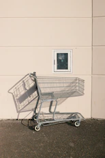 Shopping cart casts a long shadow against wall.