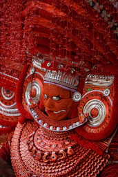 A close up of a person wearing a costume