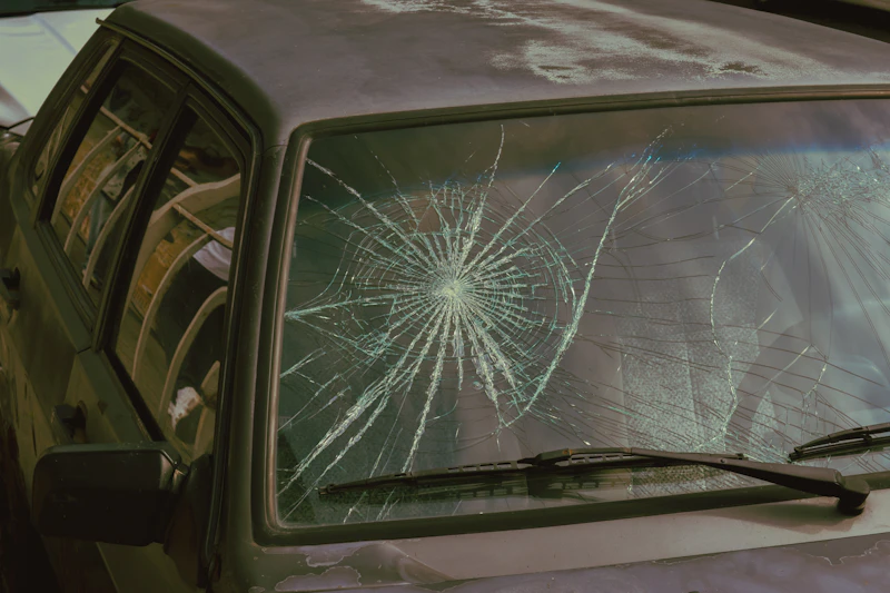 Close-up of a cracked windshield