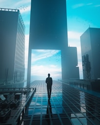 A man standing in the middle of a city
