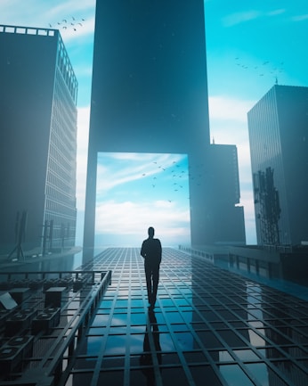 A man standing in the middle of a city