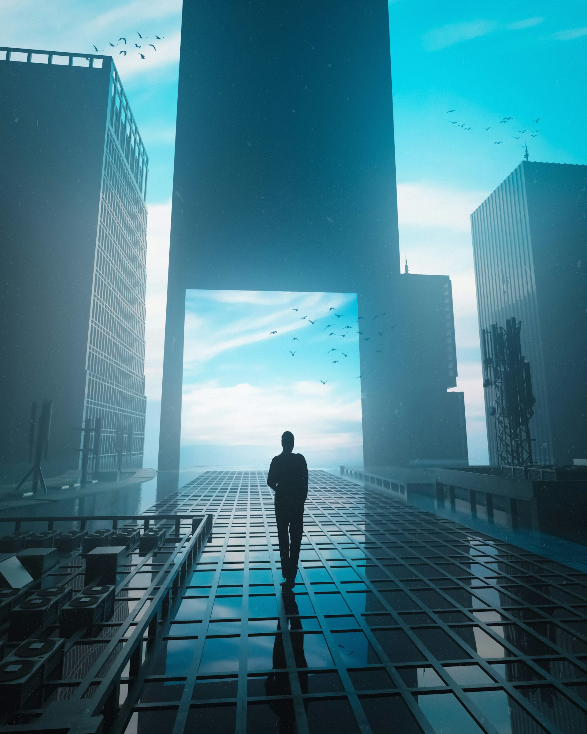 A man standing in the middle of a city