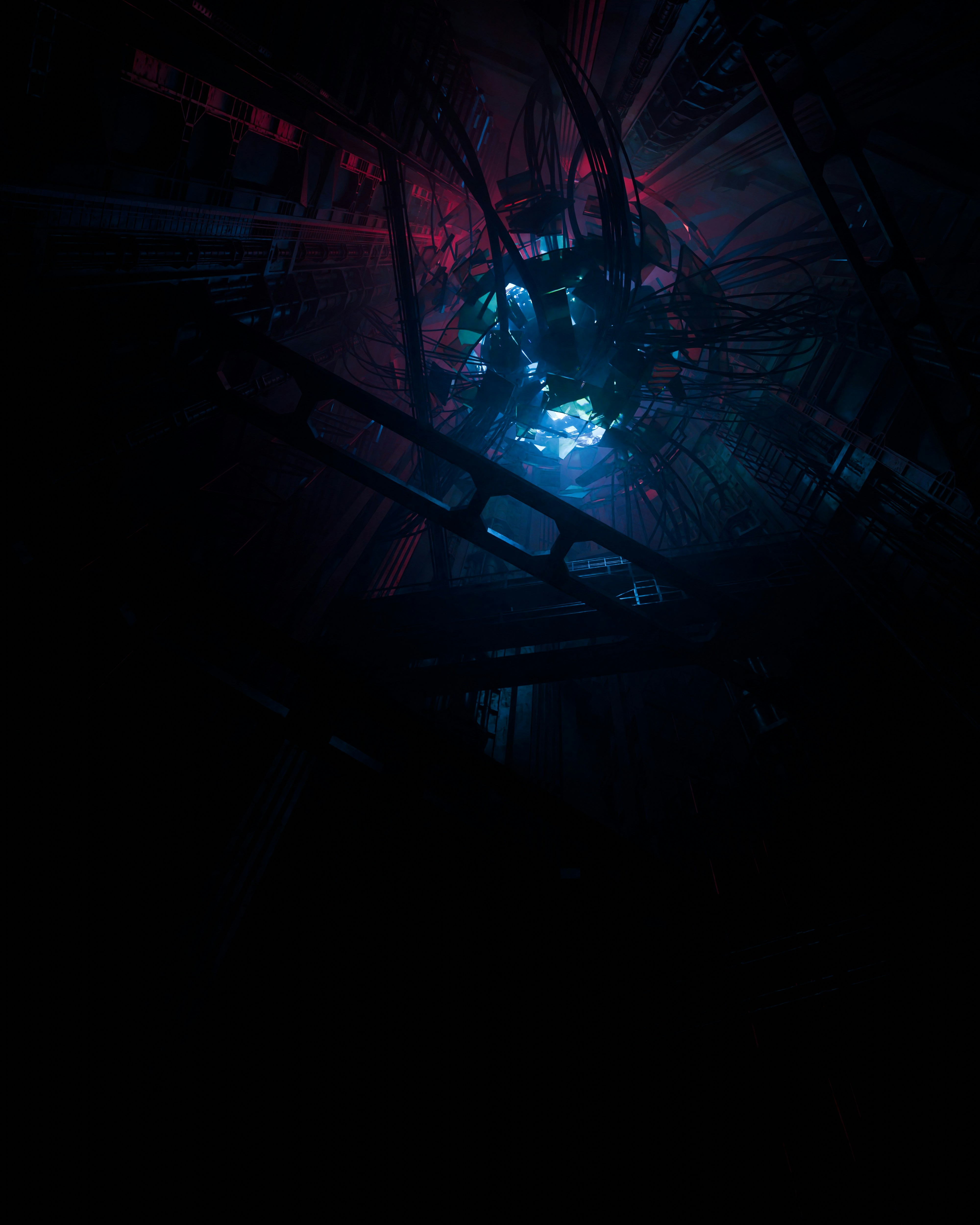 Una habitación oscura con una luz azul y roja