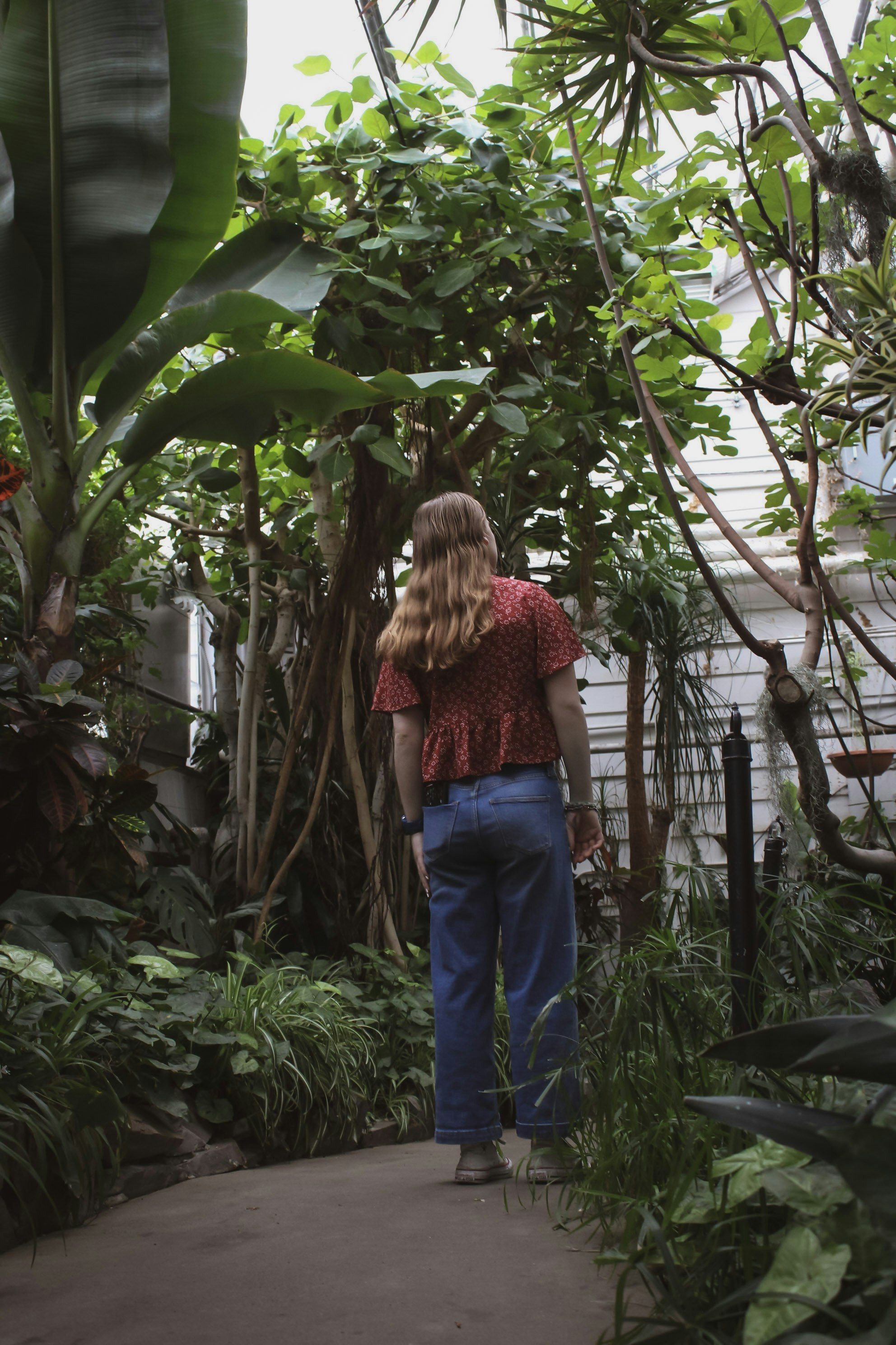 A woman in a red top is walking through a garden