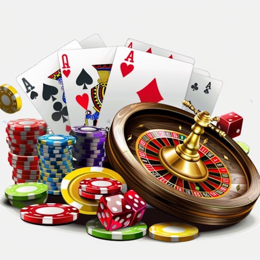 A pile of casino chips and playing cards