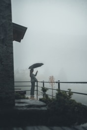 A person holding an umbrella standing on a balcony