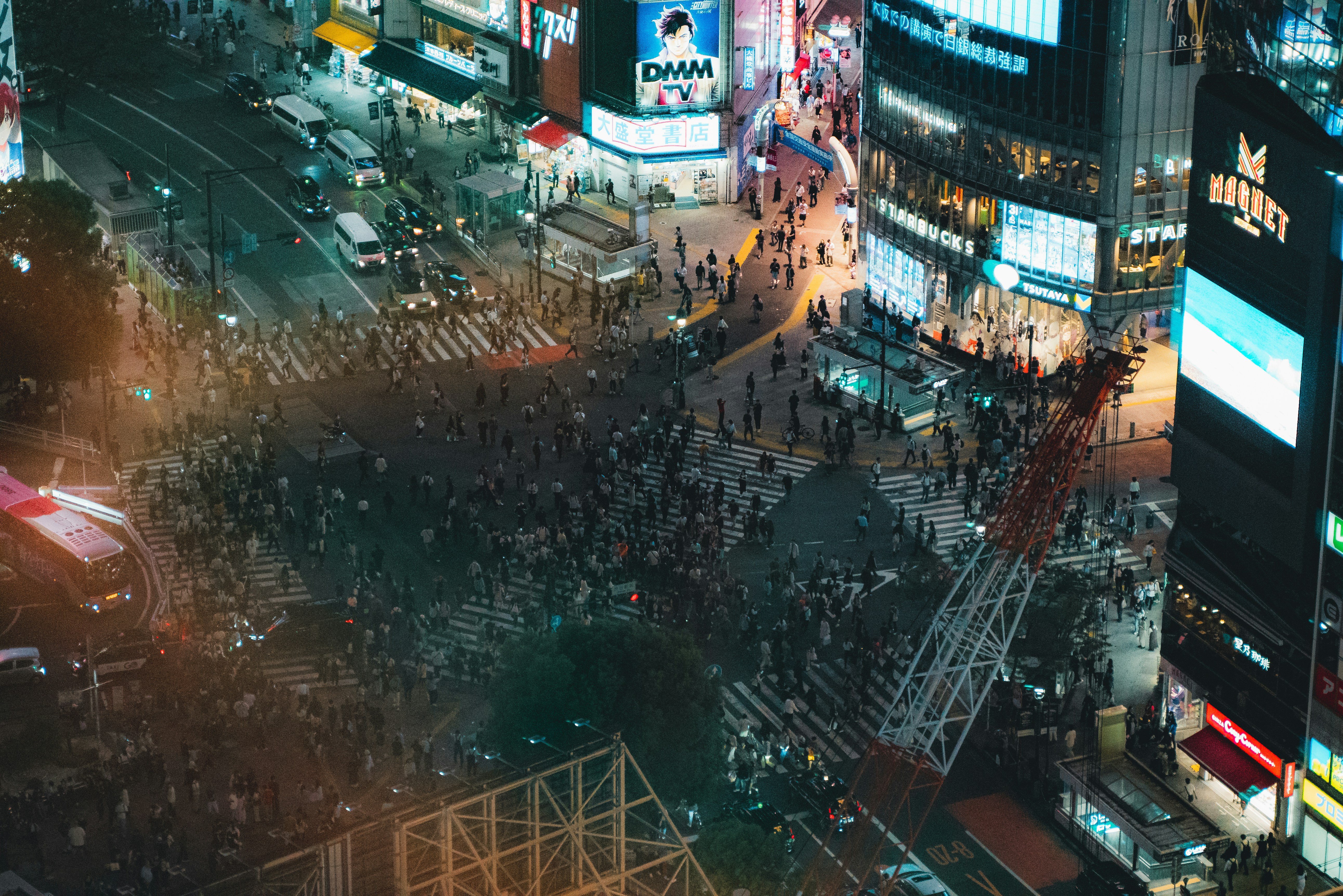 An aerial view of a busy city at night
