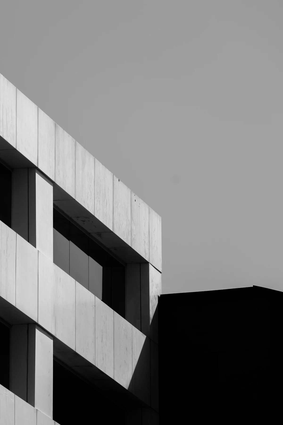 Fachada en blanco y negro con volúmenes en voladizo