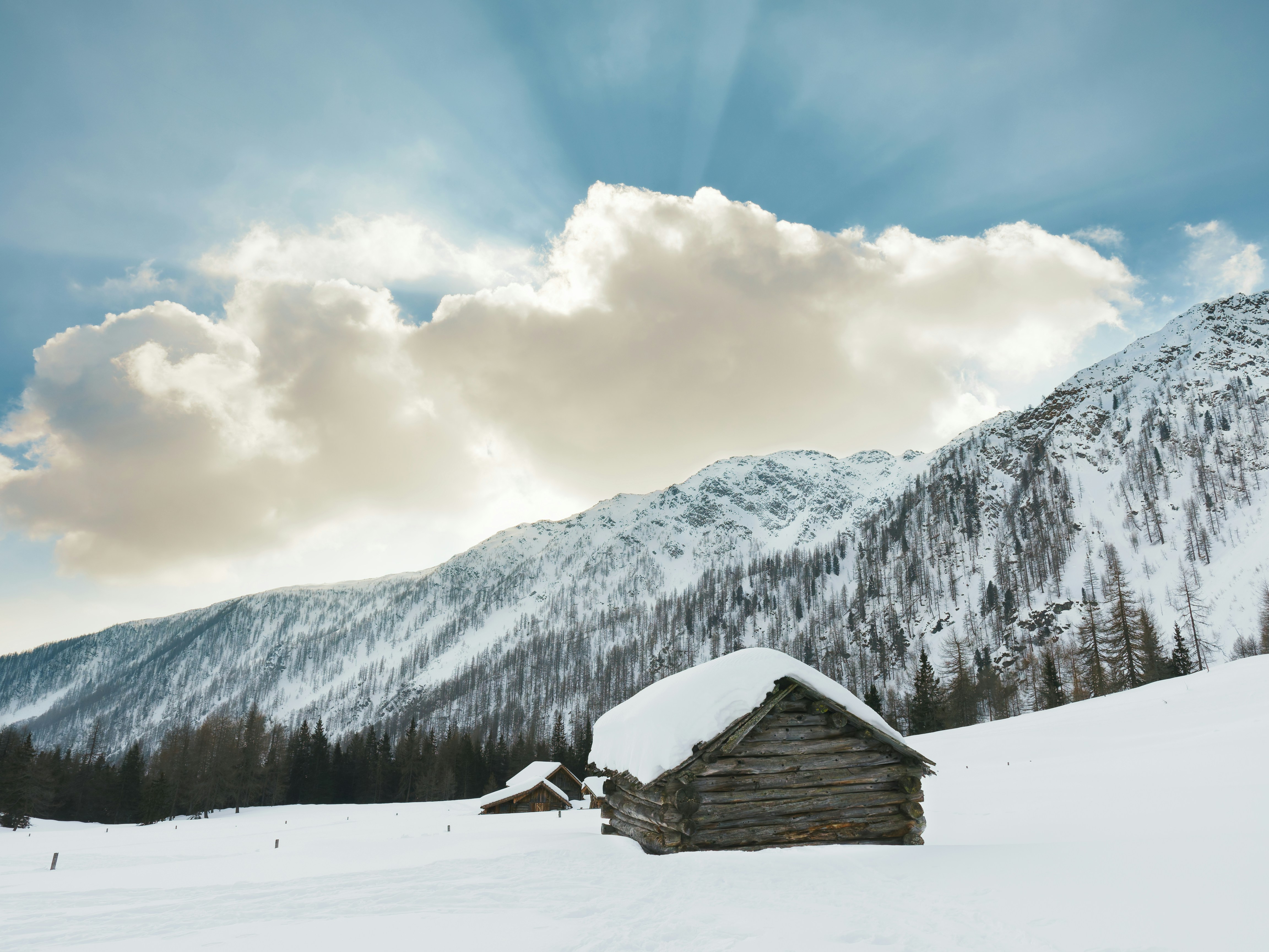 A cabin in the middle of a snowy field
