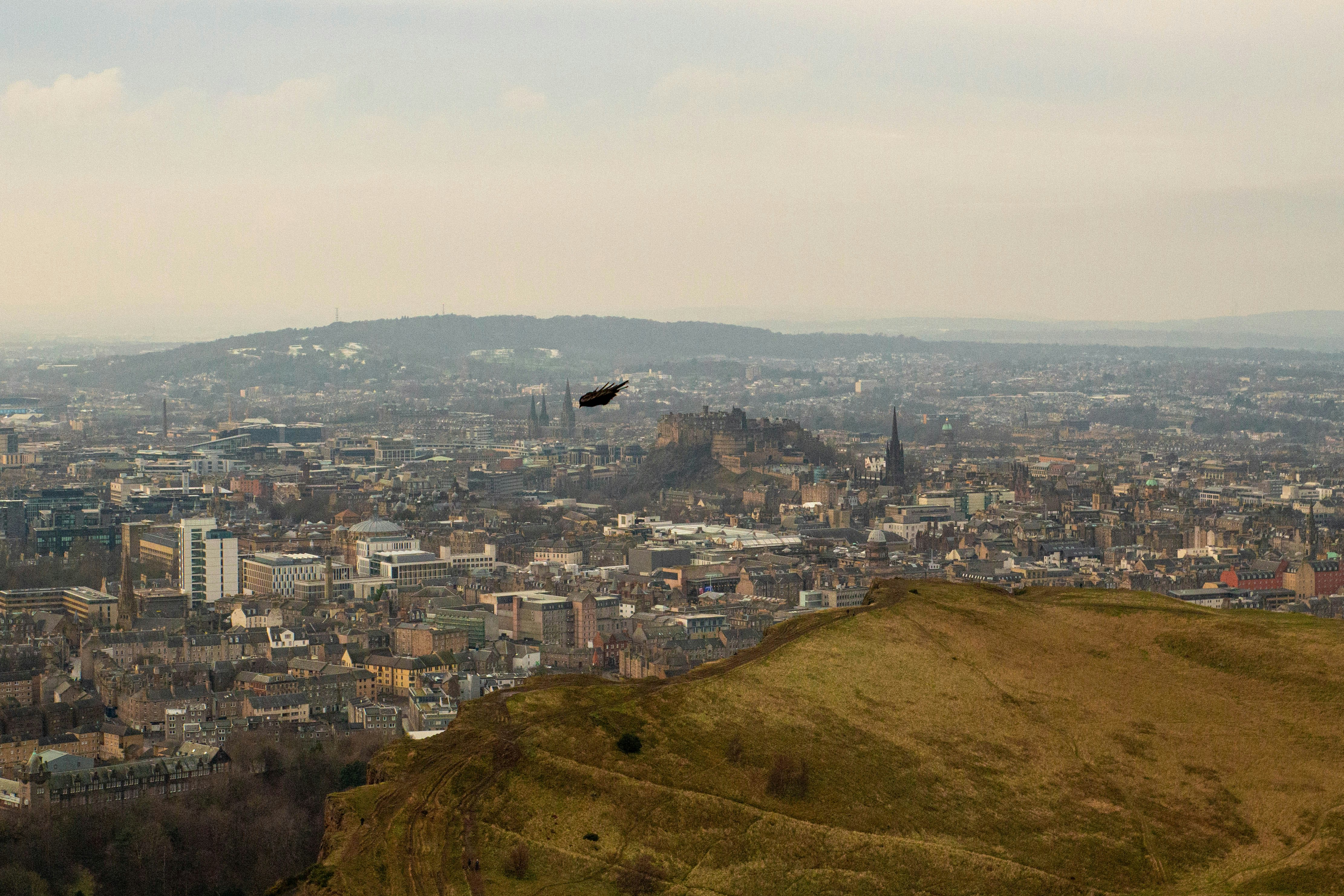 Blick auf eine Stadt von einem Hügel aus