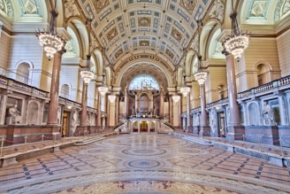 The inside of a building with a large ceiling