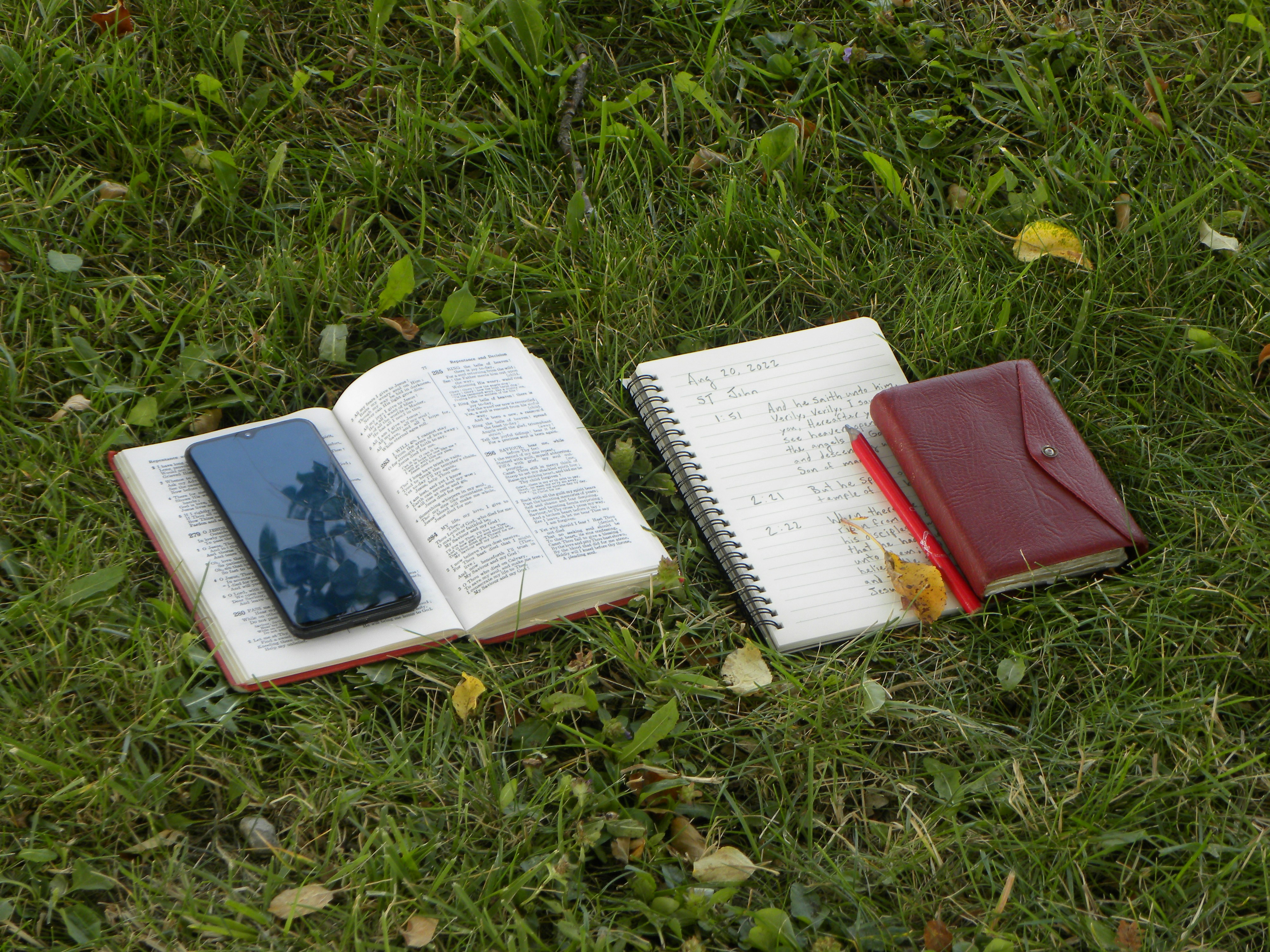 Two notebooks and a pen laying on the grass