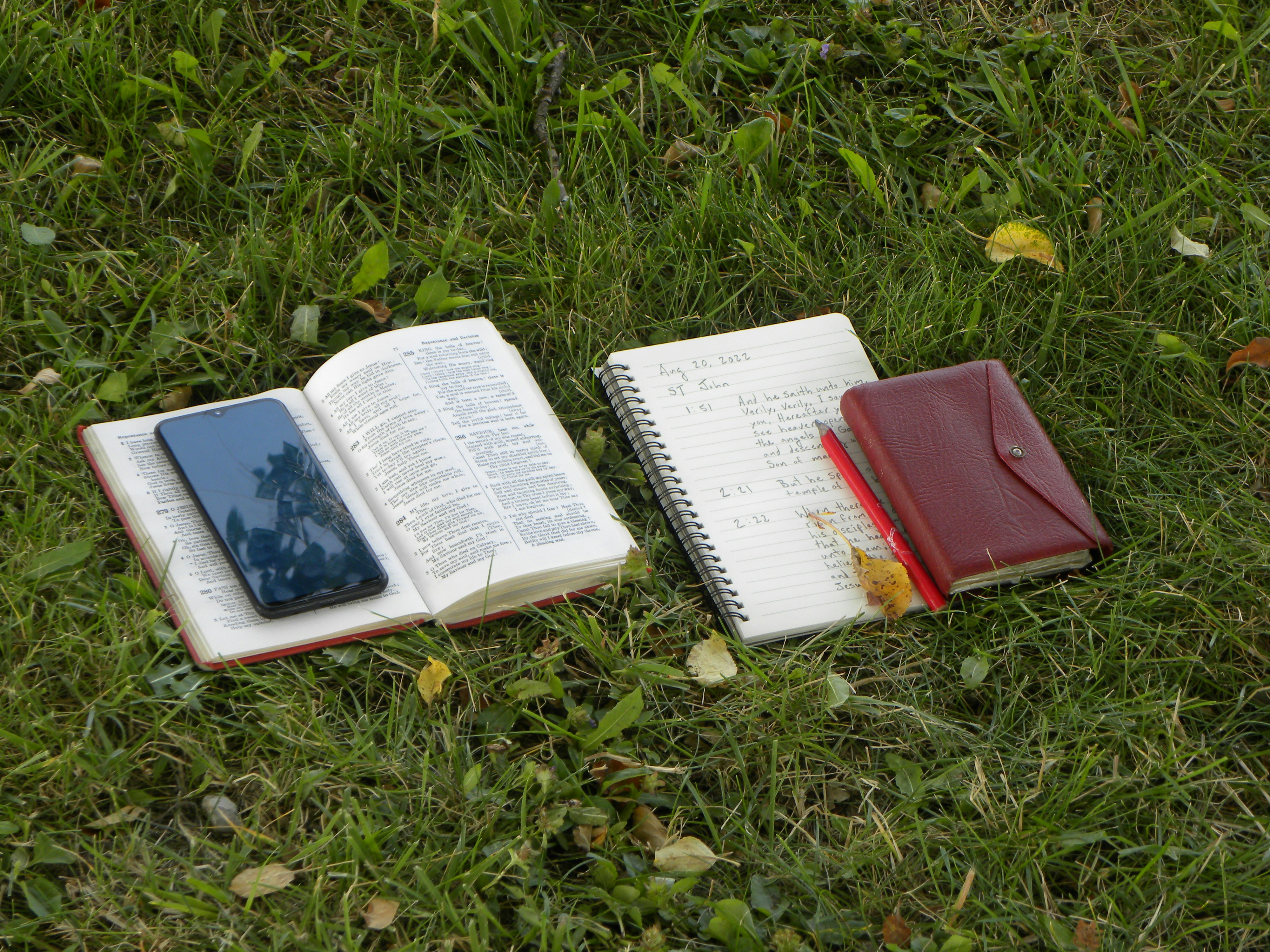 An open book and a notebook laying on the grass