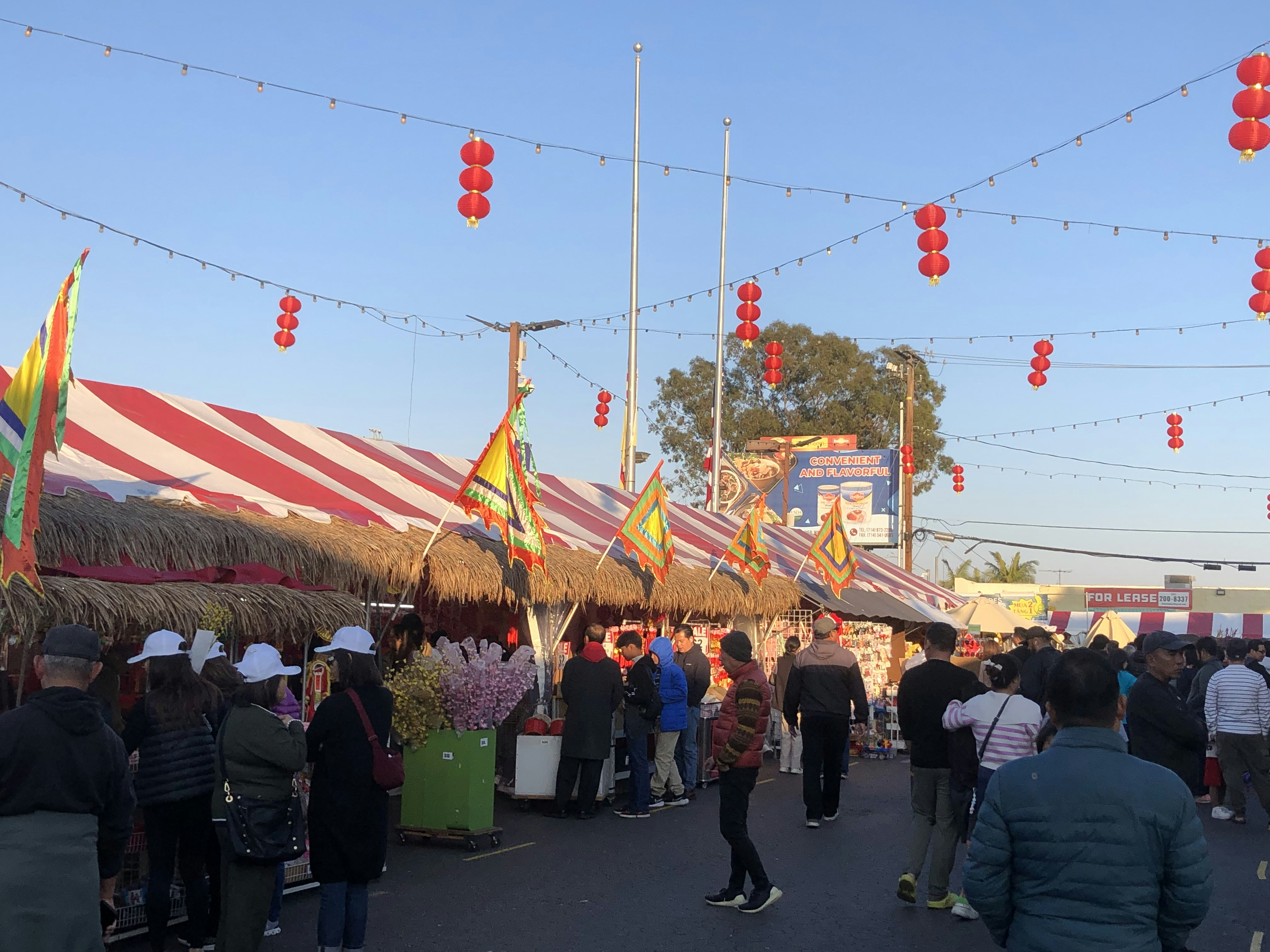A crowd of people walking down a street next to a carnival