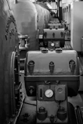 A black and white photo of a train engine