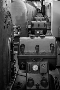 A black and white photo of a train engine
