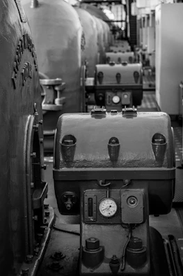 A black and white photo of a train engine